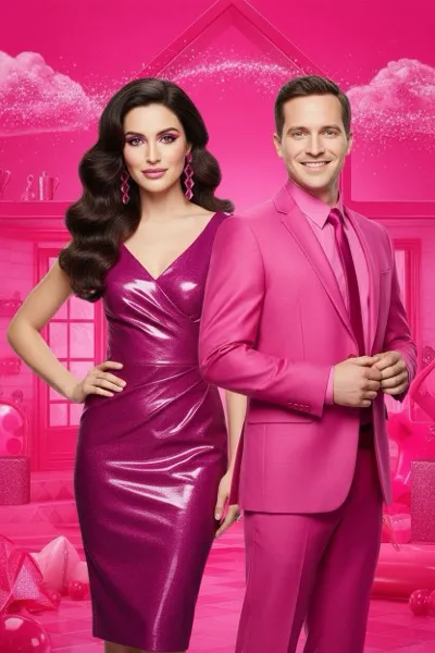 AI-generált szelfi egy mosolygó párról, amelyet a vibráló Barbie Pink esztétika ural. A kép minden eleme – a ruhák, a háttér és a kiegészítők – a rózsaszín különböző, élénk és pasztell árnyalataiban pompázik, játékos, csillogó és nosztalgikus hangulatot árasztva.