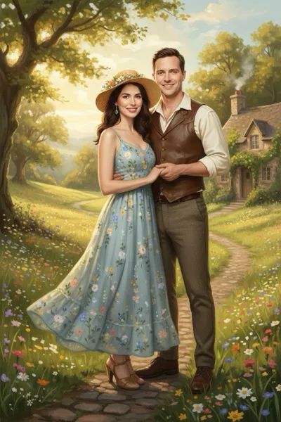 AI-generált, nosztalgikus hangulatú szelfi egy mosolygó párról cottagecore stílusban. Virágos ruhák, természetes anyagok, lágy fények és egy vadvirágos rét a háttérben.