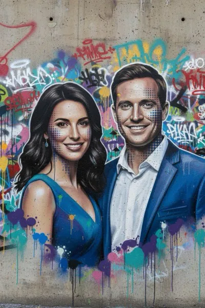 AI-generált portré egy mosolygó párról, graffiti stílusban. Élénk, szórófejes festékhatás, merész körvonalak, dinamikus minták és urbánus háttér jellemzi a képet.