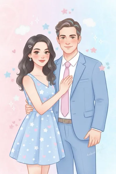 AI-generált, pasztell színvilágú szelfi egy mosolygó párról kawaii stílusban. Csillogó szemek, rajzolt pír, aranyos kiegészítők és barátságos, cuki hangulat jellemzi a képet.