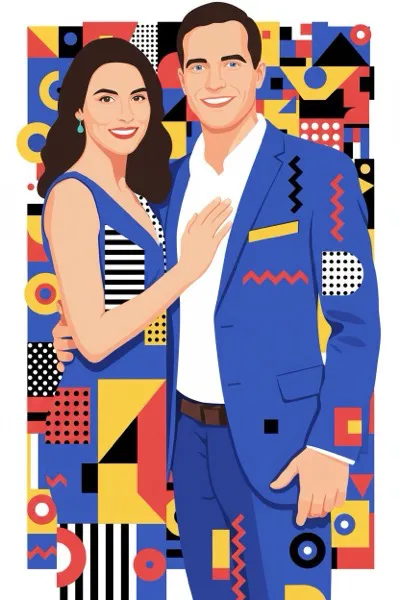 AI-generált portré egy mosolygó párról, a 80-as évek Memphis Design stílusában. Geometrikus formák, merész minták, pasztell és neon színek keverednek a vidám, eklektikus háttérben.