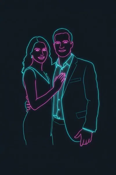 AI-generált portré egy mosolygó párról, neon minimalista stílusban. Letisztult, vékony neonfénycsíkok körvonalazzák az arcokat sötét háttér előtt, vibráló ciánkék és magenta színekben.