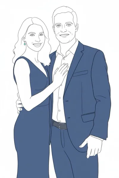 AI-generált portré egy mosolygó párról, trendi vonalrajz stílusban. Egyszerű, fekete, folytonos vonalak körvonalazzák az arcokat és a hajat, minimális árnyékolással, tiszta fehér háttér előtt.