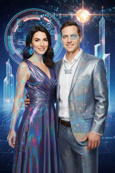 AI-generált szelfi egy mosolygó párról a korai 2000-es évek (Y2K) esztétikájával. Fényes metálos ruhák, jeges smink, vaskos kiegészítők és színes hajtincsek jellemzik a képet, buborékbetűs digitális grafikákkal a háttérben.