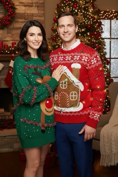AI-generált portré egy nevető párról, akik összeillő, giccses karácsonyi pulóverekben pózolnak. Háttérben feldíszített karácsonyfa és ünnepi fények láthatók.