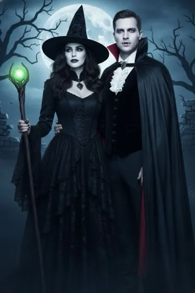 AI-generált portré egy mosolygó párról, akik kreatív boszorkány és vámpír jelmezben pózolnak. Háttérben töklámpások, pókhálók és misztikus fények láthatók.