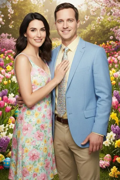 Kedves és tavaszi hangulatú, AI generált portré egy mosolygó párról, aki pasztellszínű (például világossárga vagy menta) ruhát visel, a fején pedig egy játékos nyuszifül díszeleg. A kezében egy színes hímes tojásokkal teli kosarat tart. A háttérben egy napsütötte kert látható virágzó nárciszokkal, tulipánokkal és egy zöldellő pázsittal, amin néhány elrejtett dekorációs tojás is megcsillan.