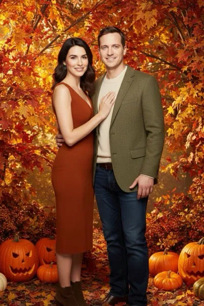 AI-generált portré egy mosolygó párról, akik egymáshoz bújva, meleg pulóverben pózolnak. A háttérben színes őszi lombok, lehullott levelek és egy hangulatos park látható a napfényben.