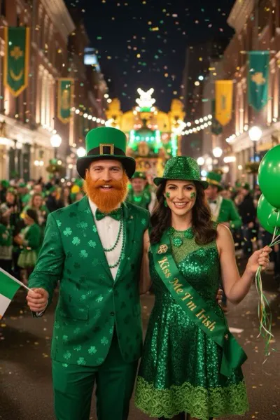 Vidám és ünnepi hangulatú, AI generált portré egy zöld ruhás nőről, aki egy pohár sörrel pózol. A háttérben egy kivilágított ír kocsma belső tere, zöld dekorációk és egy ünneplő tömeg látható.