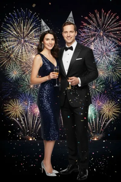 Vidám, AI-generált portré egy párról ünnepi ruhában, pezsgőspohárral és tüzijáték a háttérben.