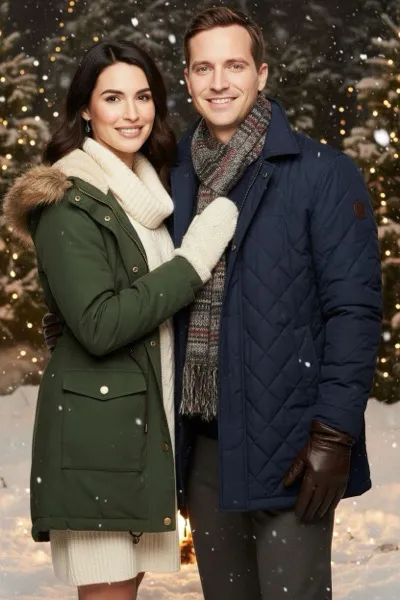 Varázslatos és meghitt hangulatú, AI generált portré egy nőről meleg, kötött sapkában és sálban, kezében egy bögre forró itallal, arcán hópelyhekkel. A háttérben egy hófödte táj, kivilágított fenyőfák, jégcsapok és egy hangulatos rönkház látható az esti szürkületben.