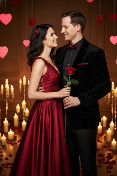 Romantikus és vidám hangulatú, AI generált portré egy mosolygó nőről, aki egy szív alakú lufit és egy csokor vörös rózsát tart a kezében. A háttérben egy hangulatosan feldíszített étterem vagy kávéház látható, piros és rózsaszín fényekkel, szívecskés dekorációkkal, és a távolban egy másik, homályosan látszódó párral, az asztalon gyertyákkal.