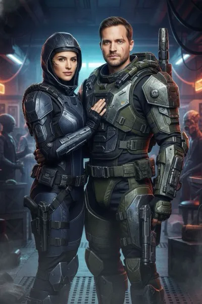 Sci-fi stílusú AI generált portré egy űrbéli fejvadász karakterrel, páncélzatban, futurisztikus fegyverrel és egy idegen bolygó háttérrel.