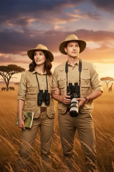 Kalandos hangulatú, AI generált portré egy férfiról terepszínű ruhában, a háttérben a szavanna jellegzetes akáciafáival és egy legelésző zsiráfcsordával naplementekor.