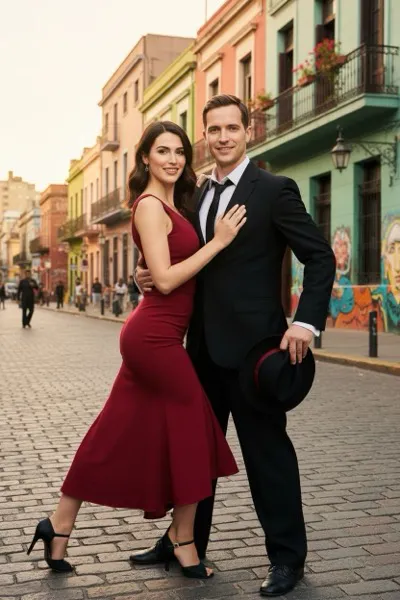 Szenvedélyes és elegáns hangulatú, AI generált portré egy látogatóról Buenos Aires színes La Boca negyedében, a háttérben festett bádogházakkal és a tangó kultúráját idéző utcarészlettel.