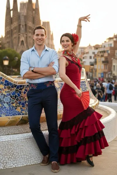 Vidám és színes hangulatú, AI által generált selfie-gép fotó, amelyen egy látogató pózol a háttérben látható Sagrada Família templommal és jellegzetes katalán építészeti elemekkel.