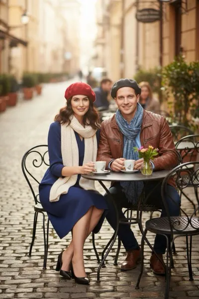 Klasszikus és hangulatos, AI generált portré egy látogatóról, aki egy patinás európai kávéház teraszán ül, háttérben elegáns épületekkel, macskaköves utcával és elhaladó járókelőkkel.
