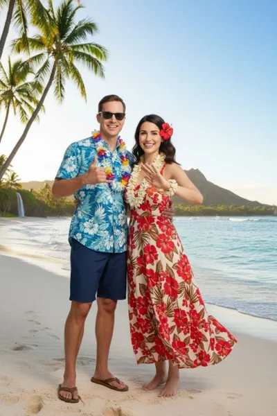 Trópusi hangulatú, AI által generált selfie-gép fotó, amelyen egy mosolygós látogató virágfüzérrel a nyakában pózol egy tengerparti pálmafák és a háttérben hullámzó óceán előtt.