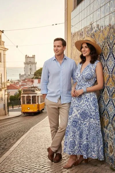 Napfényes, mediterrán hangulatú, AI generált portré egy nőről egy jellegzetes sárga lisszaboni villamos előtt a szűk, macskaköves utcákon, a háttérben színes csempés házfalakkal és a Tejo folyó panorámájával.