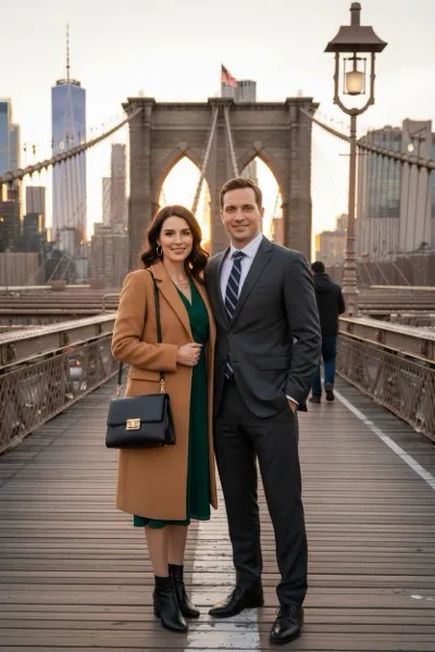 Modern és pörgős hangulatú, AI által generált selfie-gép fotó, amelyen egy látogató pózol az egyik híres hídon.