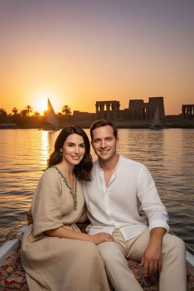 Misztikus és napfényes hangulatú, AI generált portré egy látogatóról, háttérben a széles Nílus folyóval, vitorlás felukkákkal, a távolban pedig ókori egyiptomi templomromokkal és pálmafákkal naplementekor.