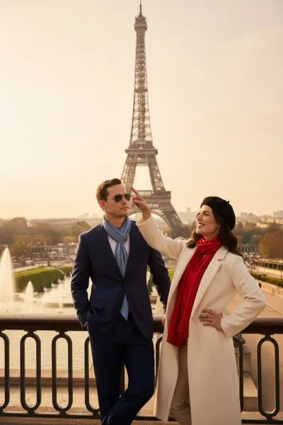 Romantikus hangulatú, AI által generált selfie-gép fotó, amelyen egy látogató pózol a háttérben kivilágított Eiffel-toronnyal és egy tipikus párizsi utcaképpel, kávézókkal.