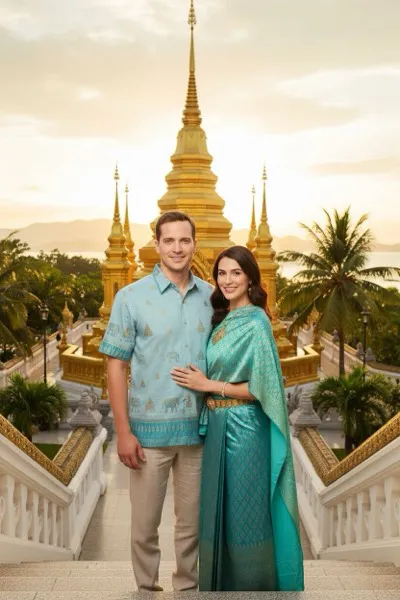 Trópusi és egzotikus stílusú, AI generált portré egy nőről virágfüzérrel, háttérben egy díszes thaiföldi buddhista templommal és pálmafákkal, arany és türkiz színekben.