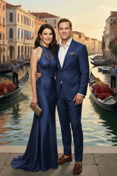 Klasszikus velencei stílusú AI generált portré egy látogatóról, háttérben a Canal Grande patinás palotáival és egy jellegzetes kőhíddal.