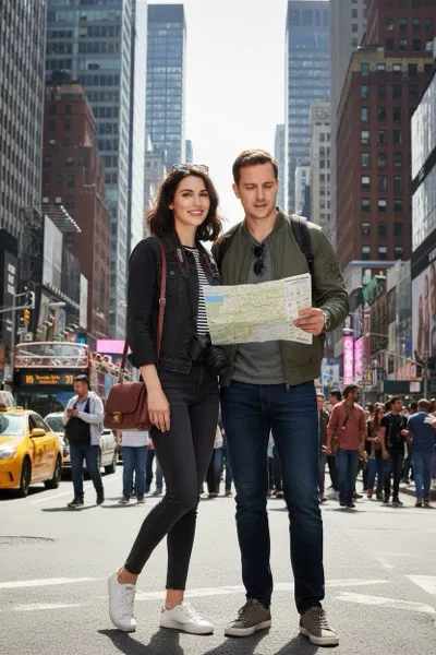 Urban és energikus hangulatú, AI generált portré egy látogatóról, háttérben Manhattan felhőkarcolóival, az Empire State Buildinggel, a Times Square neonfényeivel és a forgalmas sárga taxikkal, szürkületkor.