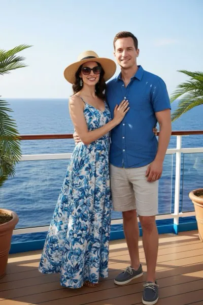 Exkluzív és pihentető hangulatú, AI generált portré egy látogatóról elegáns nyári ruhában, háttérben egy hatalmas óceánjáró hajó felső fedélzetével, medencéjével, a végtelen kék óceánnal és a távoli horizonttal a naplementében.