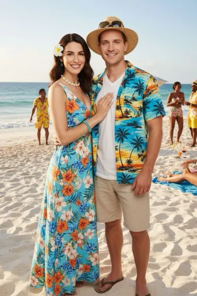 Vidám és bulis hangulatú, AI generált portré egy nőről színes, virágmintás nyári ruhában, egyik kezében koktélt tartva. Mögötte tengerparti bár, táncoló emberek, lampionok és a lenyugvó nap sugarai látszanak a homokos parton.