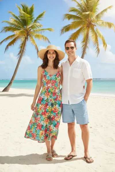 Gondtalan és nyárias hangulatú, AI generált portré egy látogatóról pálmaleveles ingben, háttérben kristálytiszta türkizkék tengerrel, fehér homokos stranddal, hajladozó pálmafákkal és egy távoli korallzátonnyal.