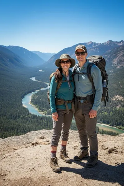 Kalandos és epikus hangulatú, AI generált portré egy látogatóról túrafelszerelésben, a háttérben egy grandiózus, vörös szikla kanyonnal (pl. Grand Canyon), mély völgyekkel és a horizontot uraló hegyvonulatokkal a naplementében.