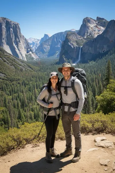 Látványos és természetközeli hangulatú, AI generált portré egy látogatóról túrafelszerelésben, a háttérben az ikonikus, függőleges gránitfalú El Capitan-nal, a Yosemite-völggyel és fenyőerdőkkel, tiszta napsütésben.
