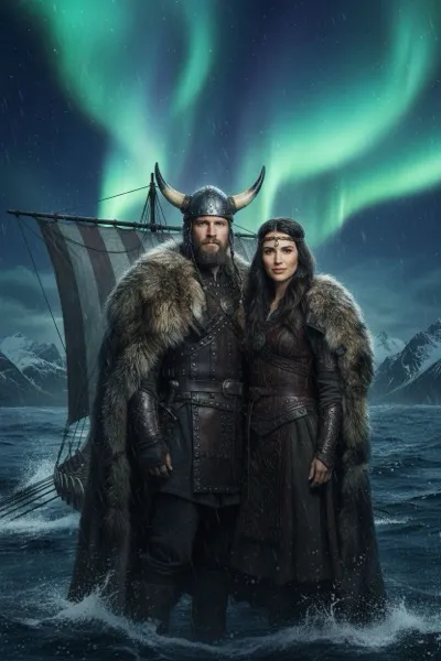 Viking felfedező stílusú AI generált páros portré korhű északi viseletben, tengerparti háttérrel és egy drakkar hajóval.